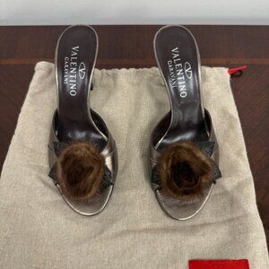 Valentino Garavani Fur Rose Metallic Slide Heels